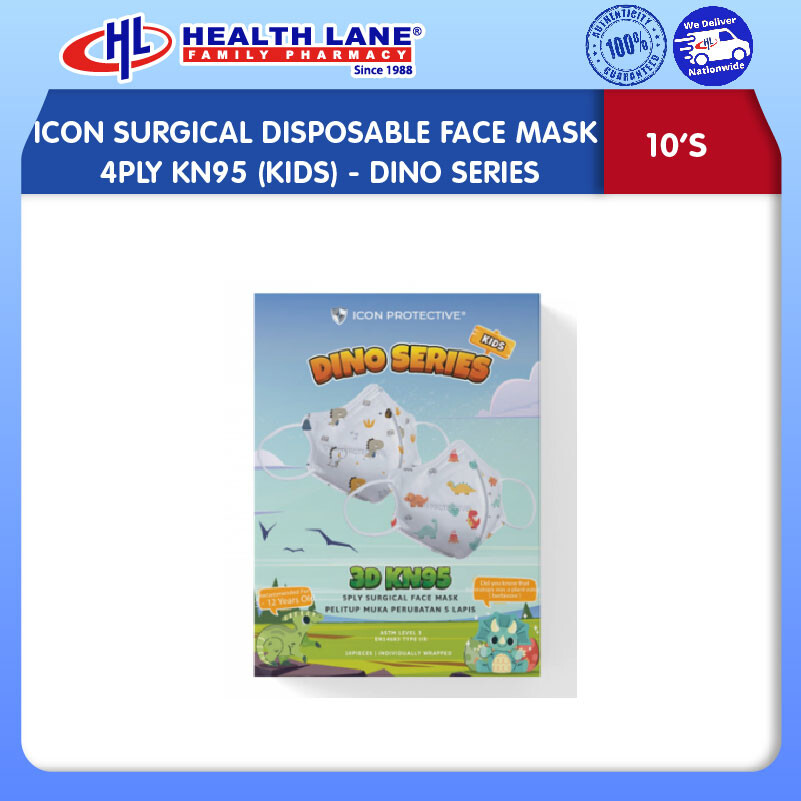 ICON SURGICAL  MASK MUKA 4PLY KN95 10'S (KIDS)- DINO SERIES